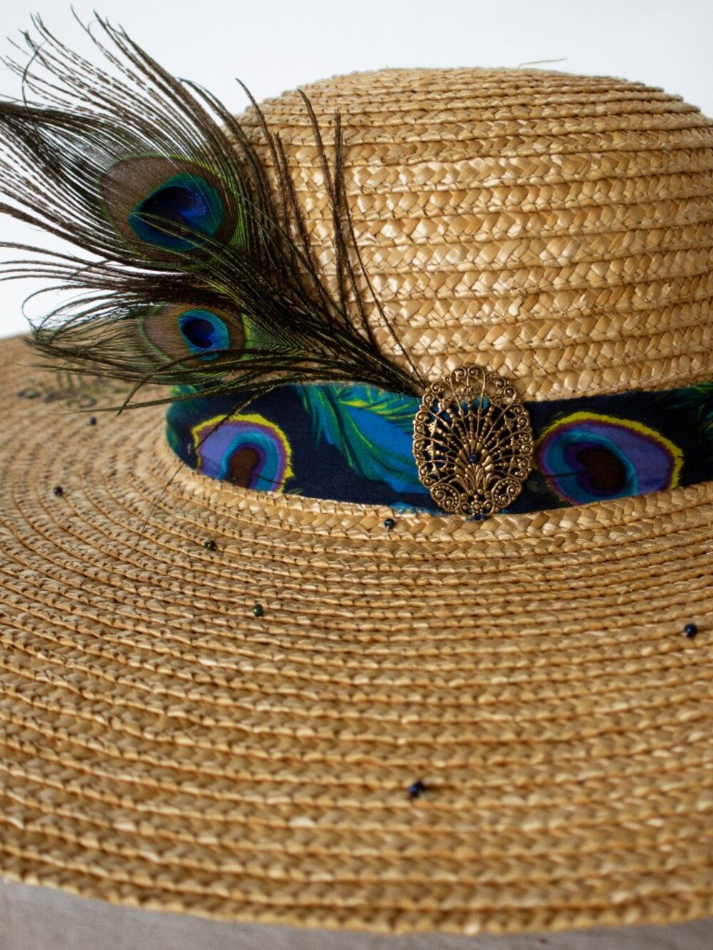 Hand Painted Peacock Extra Wide Brimmed Sun Hat